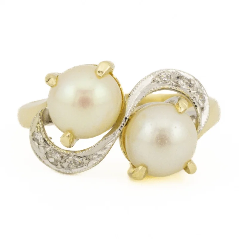 Lily motif engagement rings-Vintage Pearl & Diamond Accented Ring in 14K Two-Tone Gold - Size 6.25