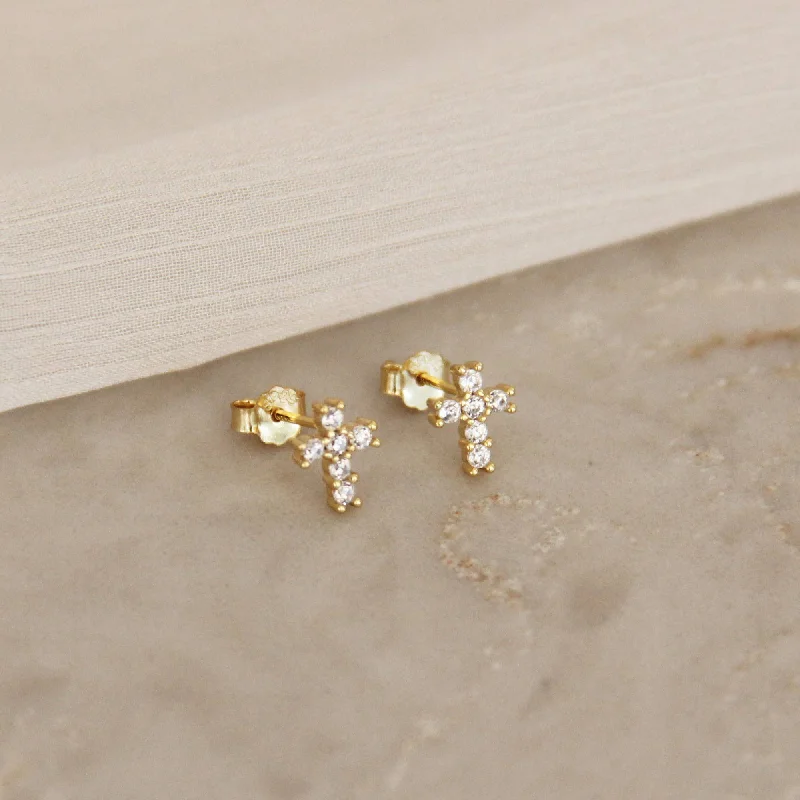 Polished art earrings-CZ Cross Stud Earrings