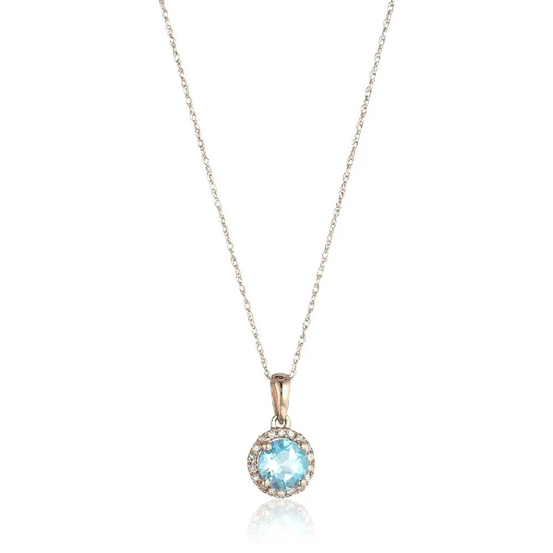 Worn style necklaces-10k Rose Gold Swiss Blue Topaz and Diamond Classic Pendant Necklace, 18"