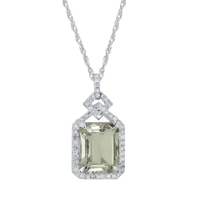 Oval gem necklaces-Viducci 10k White Gold Genuine Emerald-cut Green Amethyst and 1/4ct Diamond Halo Necklace