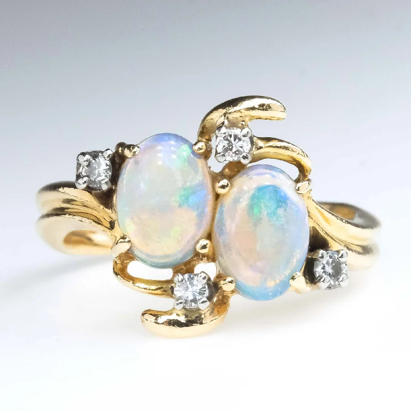 Wide geometric engagement rings-Oval Opals and Diamond Accented Gemstone Ring in 14K Yellow Gold