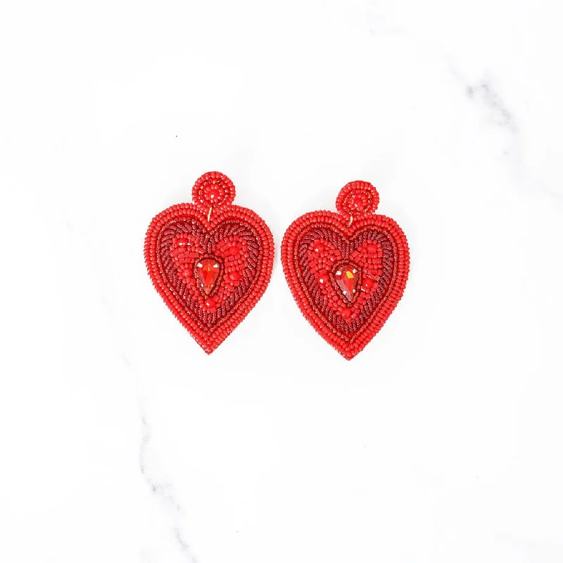 Shiny gold earrings-Red Bejeweled Beaded Heart Earrings