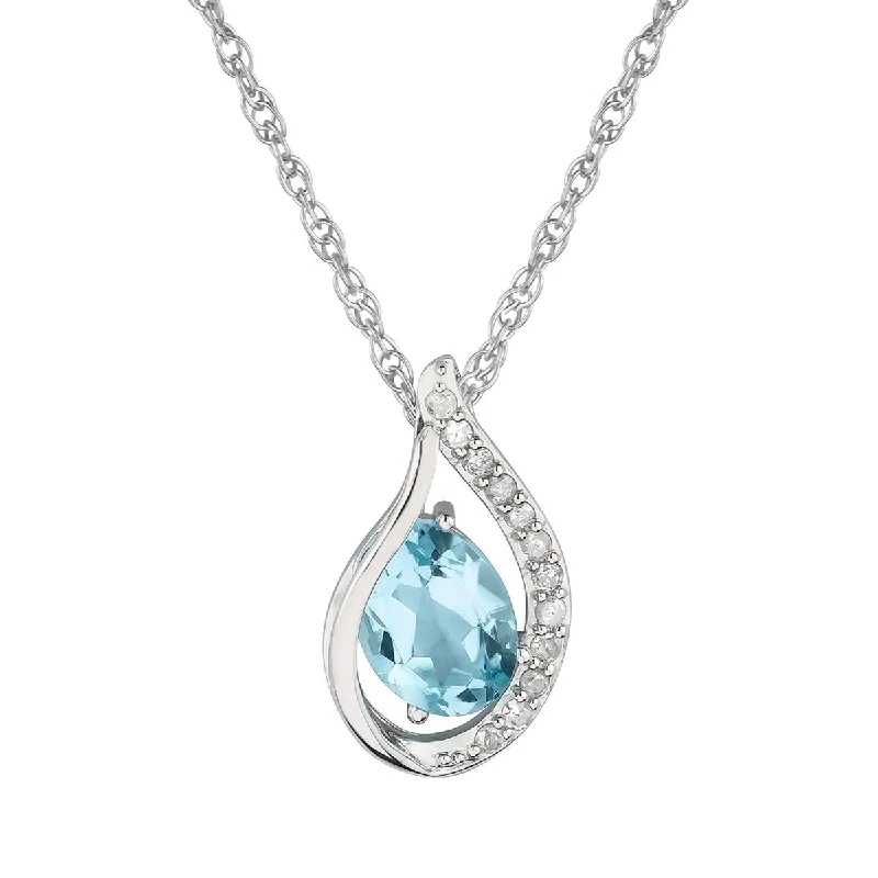 Soft thread necklaces-Viducci 10k White Gold Genuine Oval Blue Topaz and Diamond Halo Drop Pendant Necklace