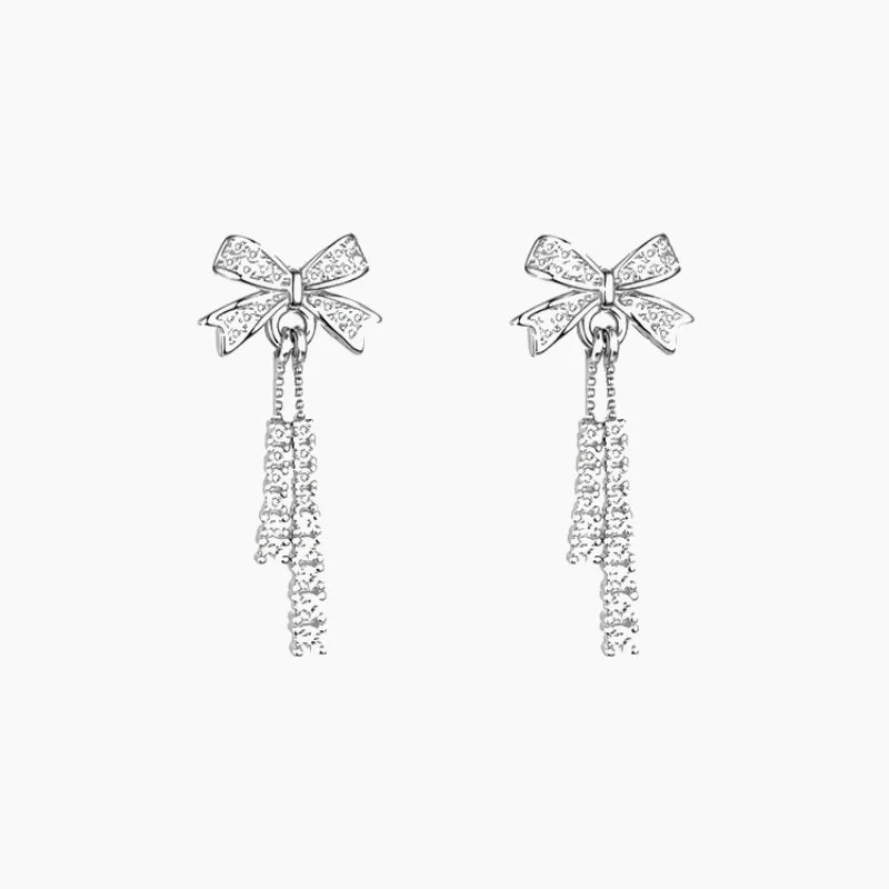 Wide statement earrings-Bow Design Sterling Silver Drop Earrings