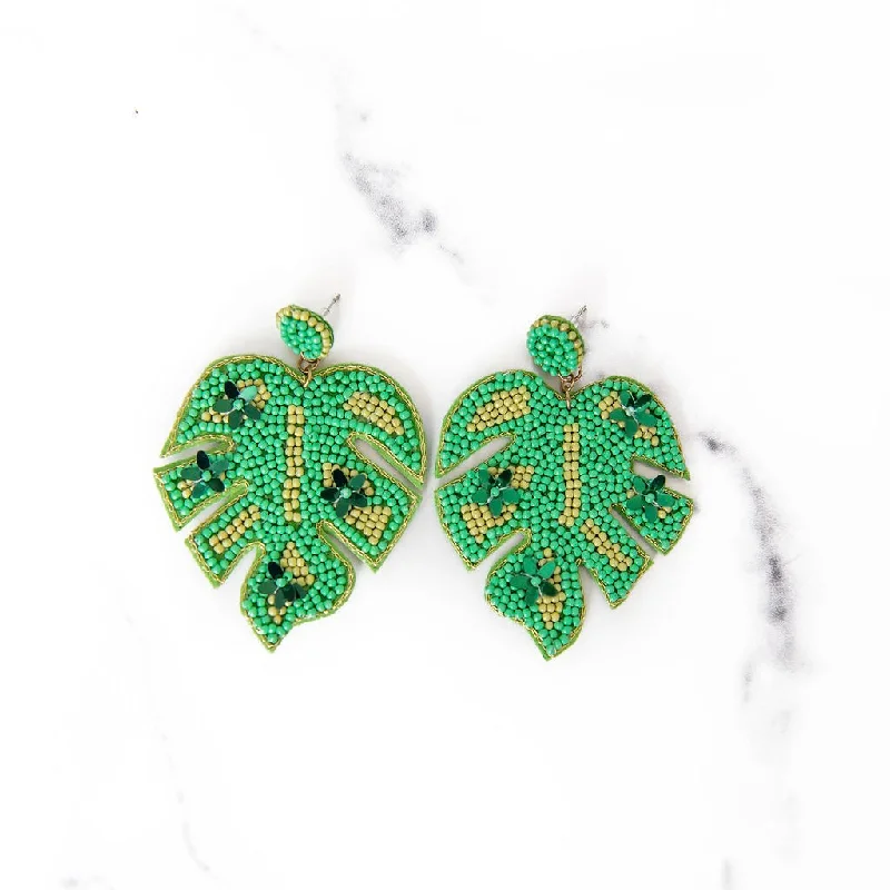 Thick tier earrings-Beaded Palm Leaf Earrings