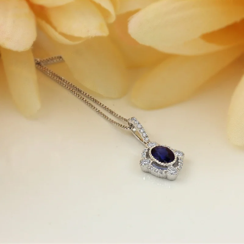 High gloss necklaces-Auriya Fancy Oval Shaped 9/10ct Royal Blue Sapphire and 1/3ctw Halo Diamond Necklace 18k Gold