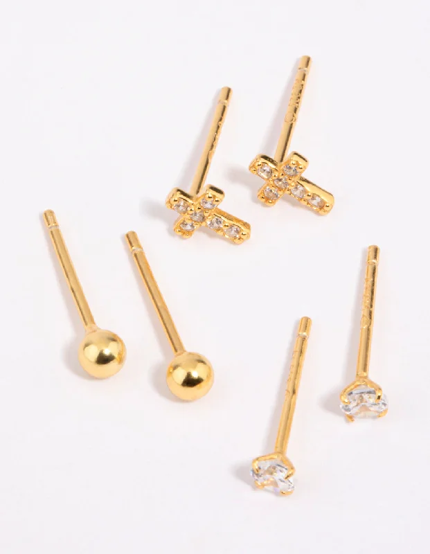 Thin threader earrings-Gold Plated Sterling Silver Cross & Diamante Stud Earring Pack