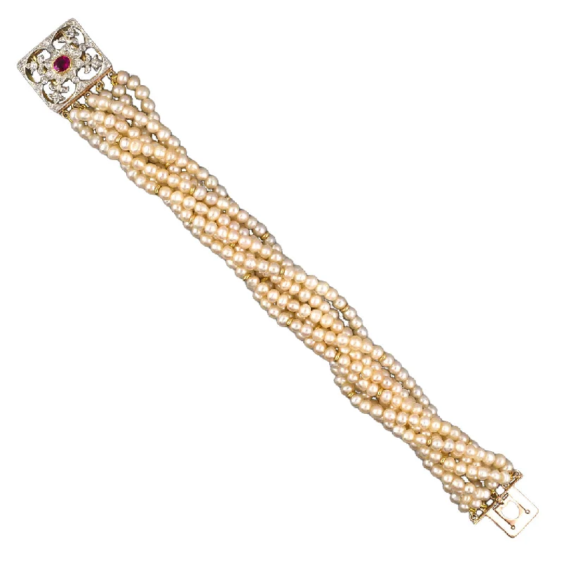 Tide pattern bangles-Victorian 8-Strand Pearl Torsade Bracelet with Ruby & Diamond Clasp