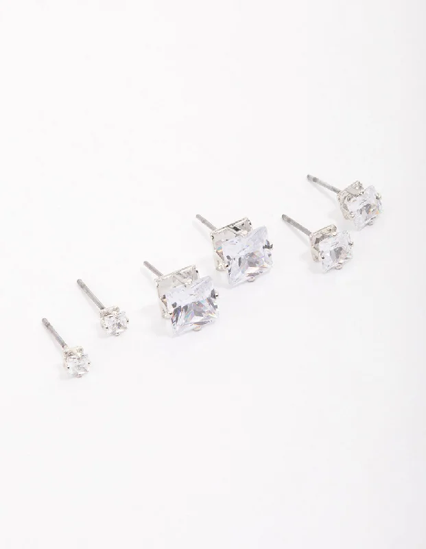 Topaz stud earrings-Silver Cubic Zirconia Square Graduated Earrings Pack