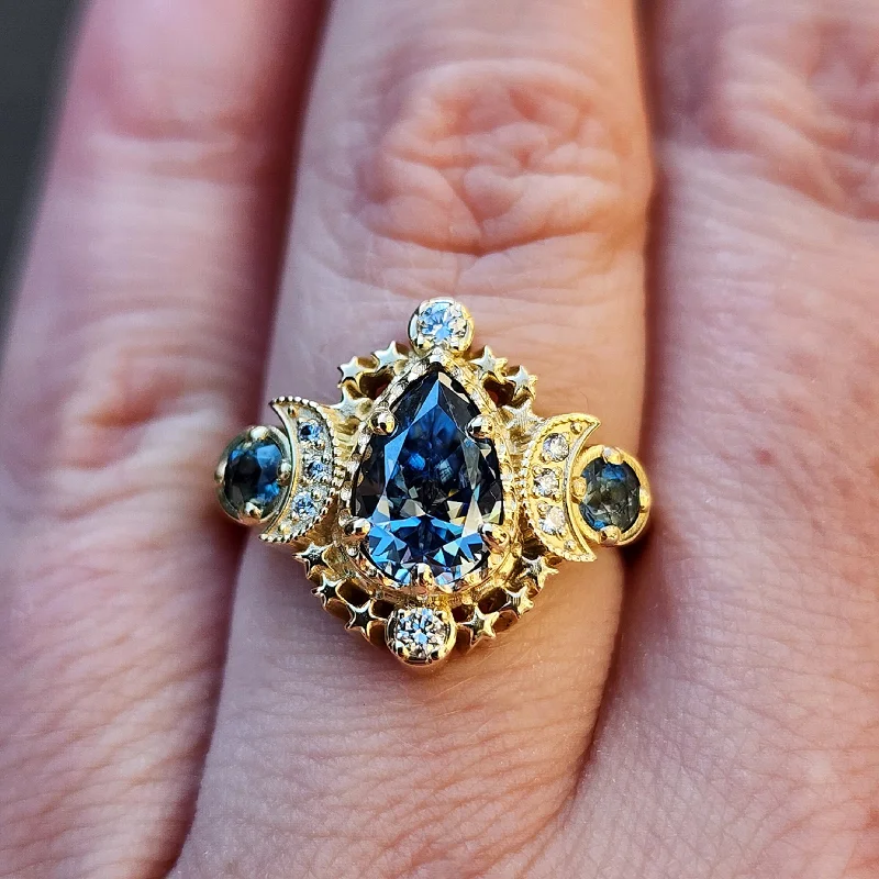 Blue Pear Moissanite Cosmos Enagement Ring with Natural Bi-Color Sapphires with Diamond Crescent Moon and Stars Bohemian Unique Wedding Ring 14k