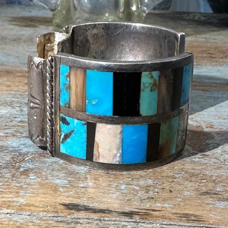 Old cameo bangles-Old Navajo Turquoise Mosaic Inlay Bracelet Sterling Silver