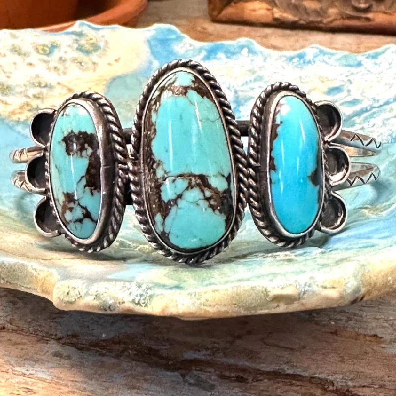 Pinch clasp bangles-Vintage Navajo Sterling Silver Bracelet Blue & Black Turquoise