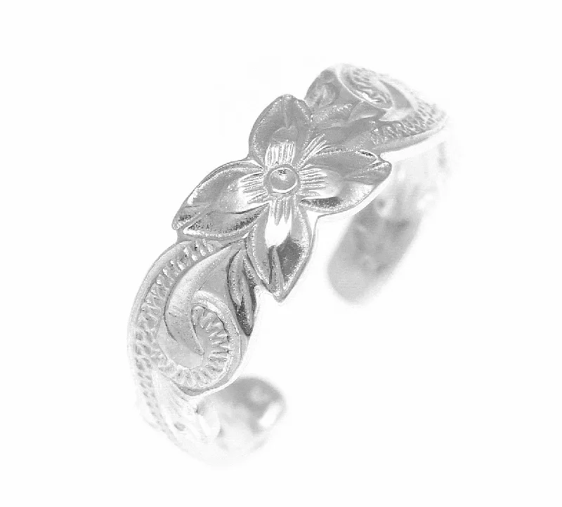 Wide band engagement rings-6MM STERLING SILVER 925 HAWAIIAN PLUMERIA FLOWER SCROLL TOE RING