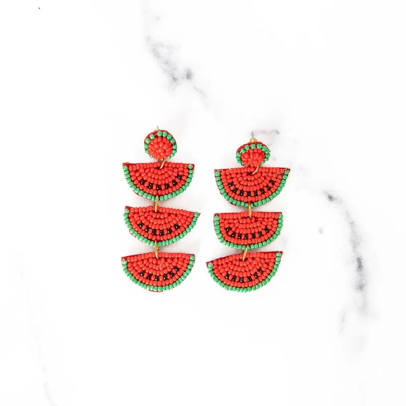 Shiny gold earrings-Beaded Red Watermelon Earrings