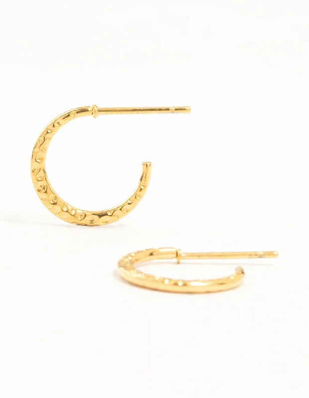 Lily motif earrings-Gold Plated Surgical Steel Mini Hammered Hoop Earrings