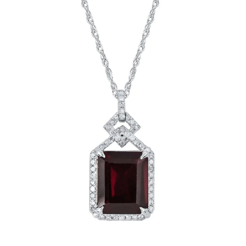 Multi-birthstone necklaces-Viducci 10k White Gold Genuine Emerald-cut Garnet and 1/4ct Diamond Halo Necklace