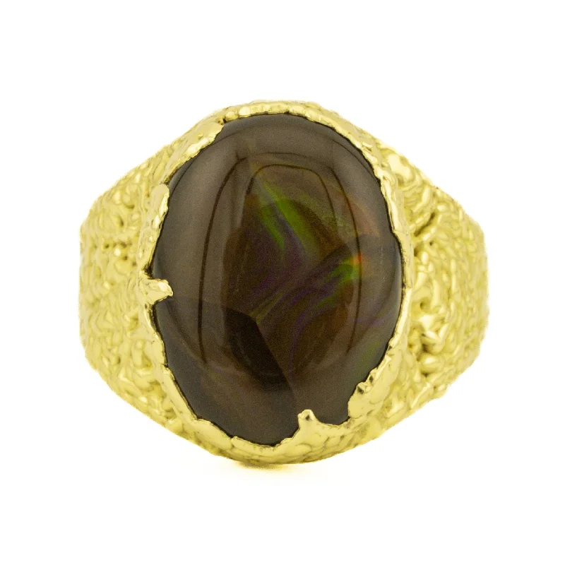 Swirl shape engagement rings-Men's Custom Fire Agate Solitaire Gemstone Ring in 18K Yellow Gold - Size 11.75