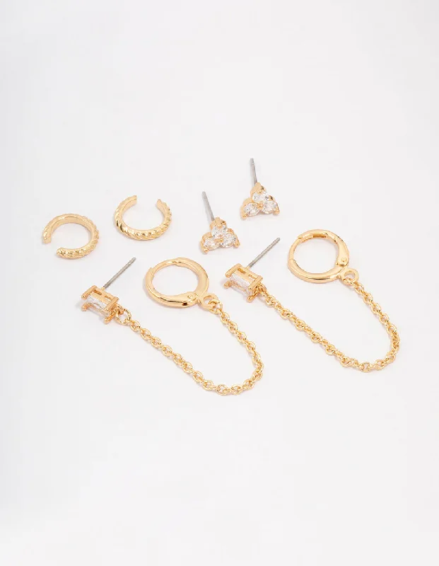 Bead weave earrings-Gold Plated Brass Baguette Chain Flower Earring 4-Pack