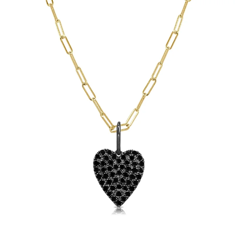 Thai style necklaces-Joelle Black Diamond Heart Necklace 14K Gold on 16-inch Paperclip Chain