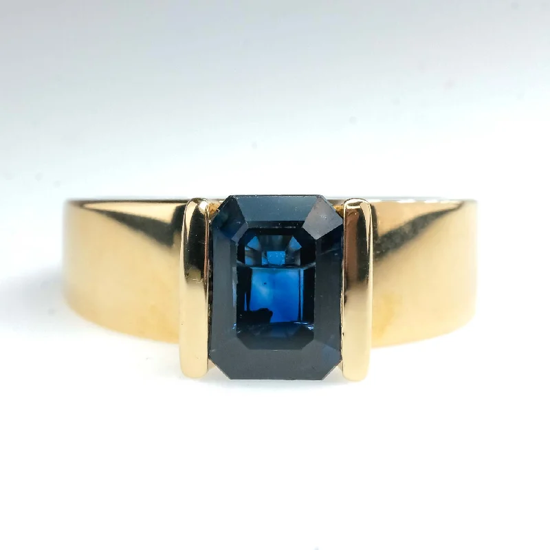 Layered shank engagement rings-1.95ct Bar-Set Emerald Cut Blue Sapphire Solitaire Ring in 14K Yellow Gold