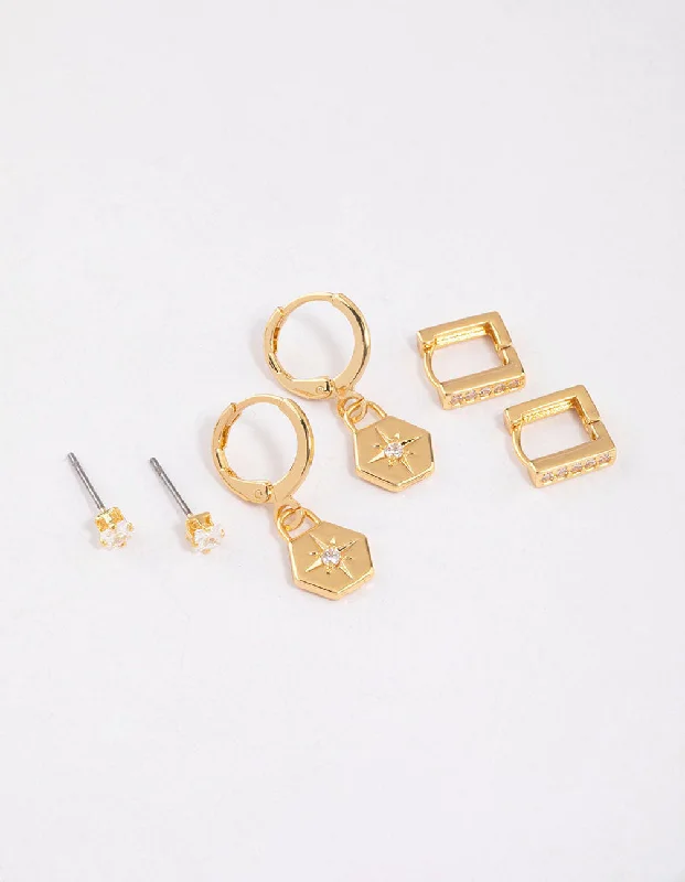 Topaz stud earrings-Gold Plated Brass Cubic Zirconia Hexagon & Square Earrings 6-Pack