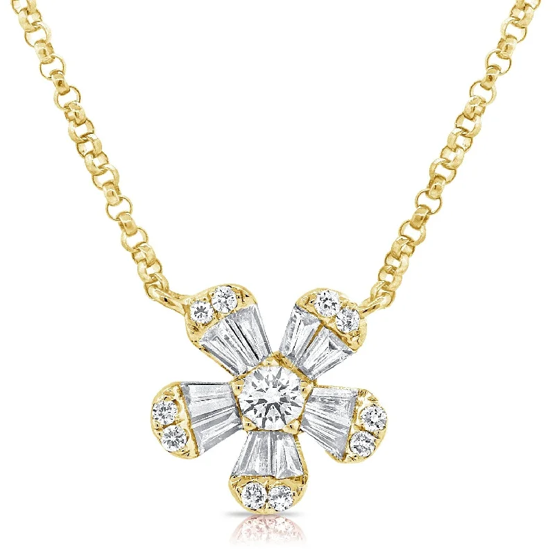 Light wood necklaces-Joelle Baguette Diamond Flower Necklace 14K Gold