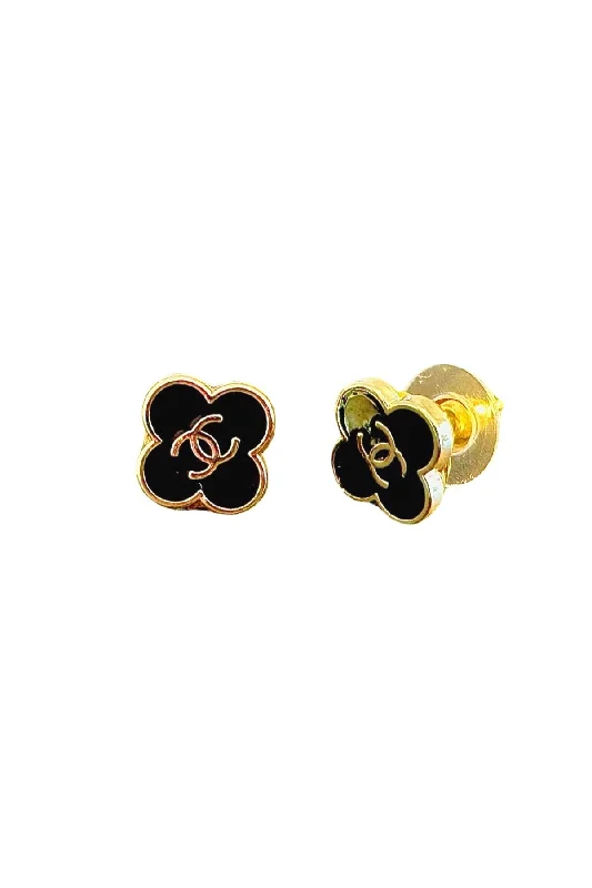 Silk cord earrings-CC Black Clover Button Earrings