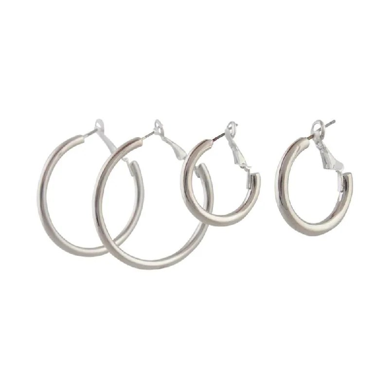 Smooth drop earrings-Silver Thick Hoop Pack