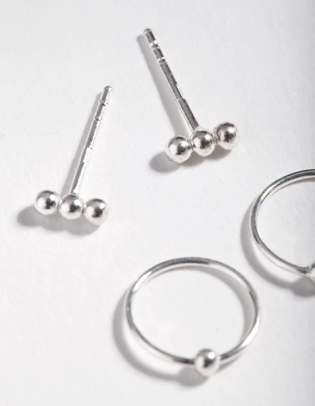 Glossy silver earrings-Sterling Silver Ball Stud Hoop Earrings