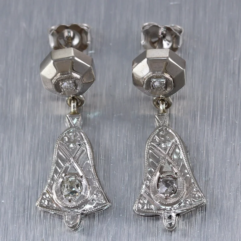 Tiny dot earrings-1920's Antique Art Deco 14k White Gold 0.25ctw Diamond Drop Bell Earrings