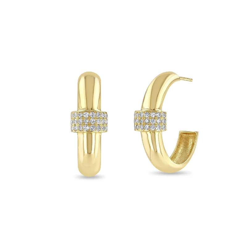 Textured disc earrings-14k 3 Pavé Diamond Row Door Knocker Hoops