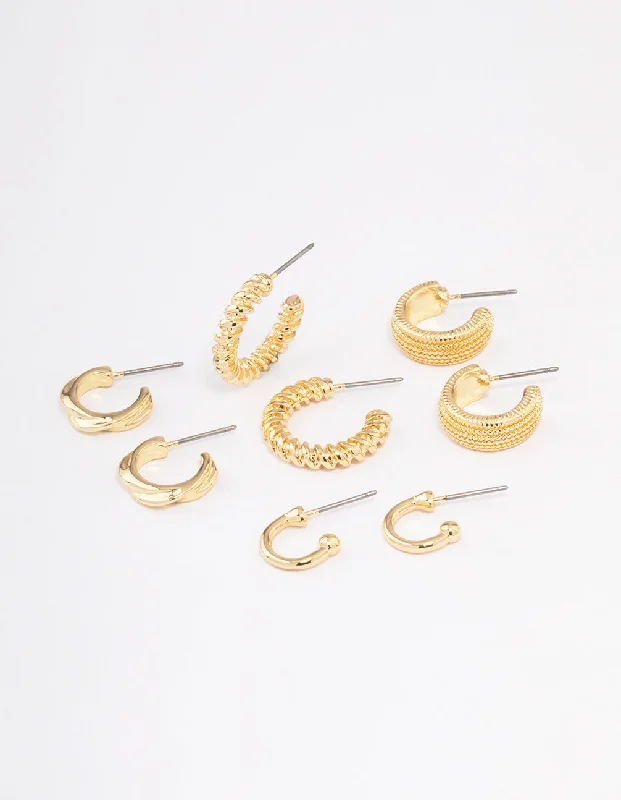 Trekker braid earrings-Gold Plated Textured Chunky Hoop Earrings 4-Pack