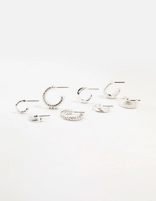 Tiny wing earrings-Silver Plated Textured Chunky Hoop Earrings 4-Pack