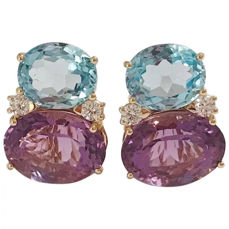 Pink gold earrings-Large GUM DROP™ Earrings with Pale Blue Topaz and Bright Amethyst and Diamonds