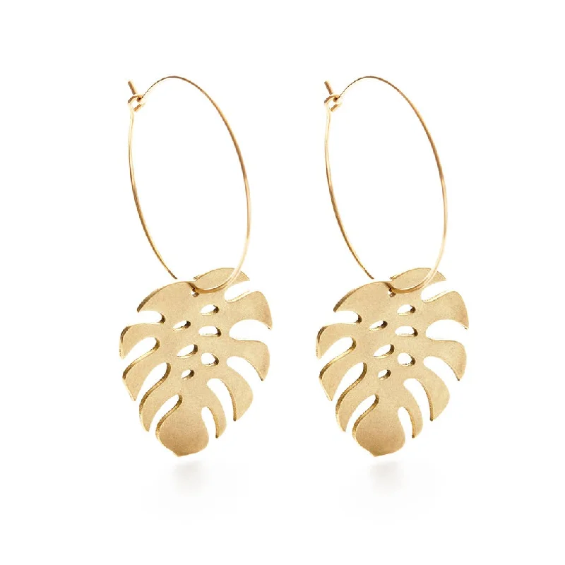 Rough texture earrings-Monstera Hoops