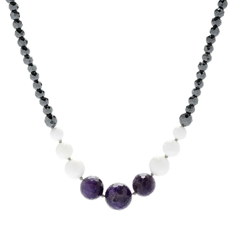 Woven tribal necklaces-Amethyst Hematite, White Agate & Gemstone Bead Necklace 42"