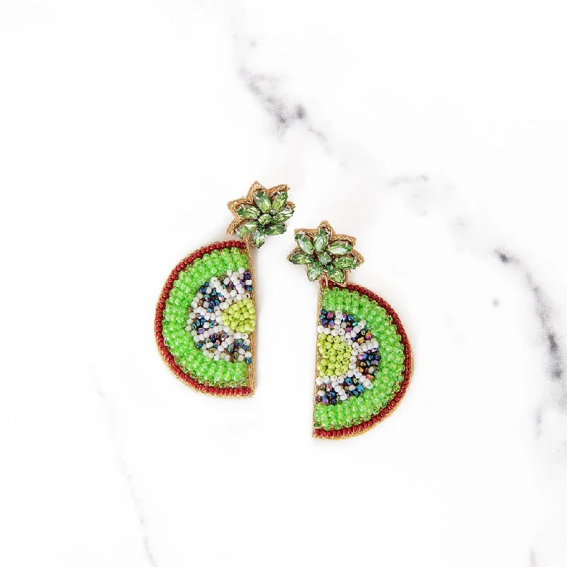 Layered drop earrings-Beaded Kiwi Earrings