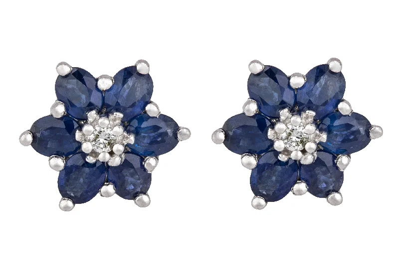 Crystal-twisted earrings-Women's EFFY 14K White Gold 0.06ctw Diamond & Blue Sapphire Flower Stud Earrings