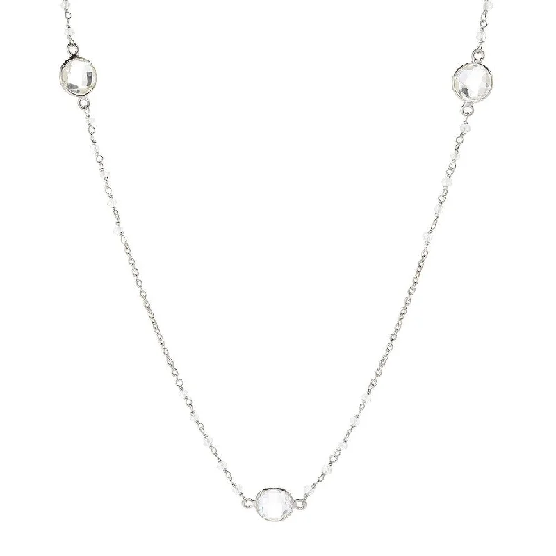 Multi-birthstone necklaces-Sterling Silver 36" 10mm Crystal Quartz & Rainbow Moonstone Station Necklace