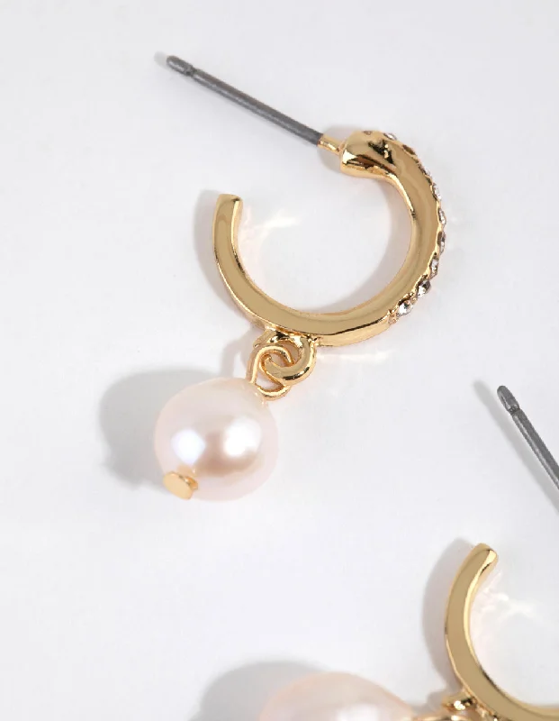 Thin hoop earrings-Gold Plated Diamante & Freshwater Pearl Huggie Earrings