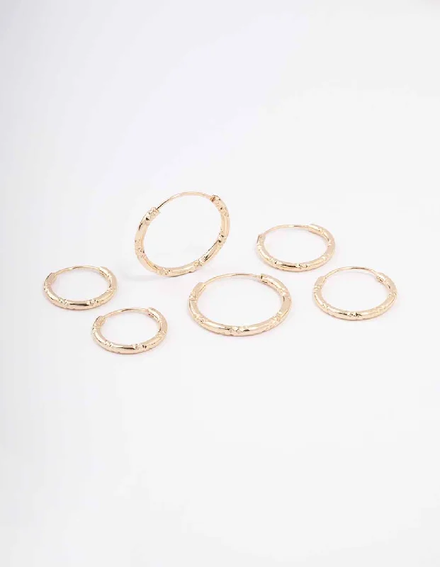 Bead weave earrings-Gold Skinny Bamboo Hoop Earring 3-Pack