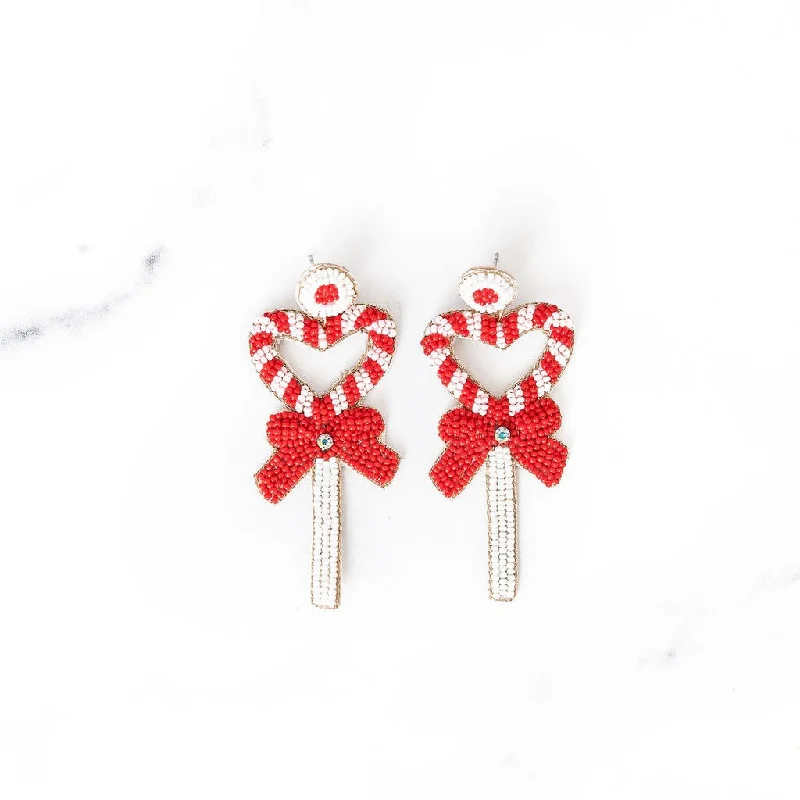 Dove feather earrings-Red + White Heart Lollipop Earrings