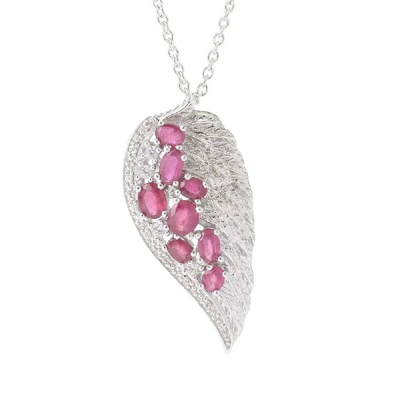 Worn style necklaces-Platinum over Stering Silver Ruby and White Zircon Angel Wing Necklace