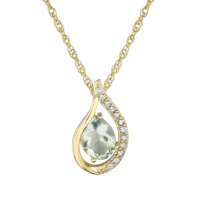 Retro deco necklaces-Viducci 10k Yellow Gold Genuine Oval Green Amethyst and Diamond Halo Drop Pendant Necklace