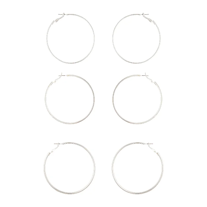 Coiled cord earrings-Silver Trio 60mm Hoop Earrings