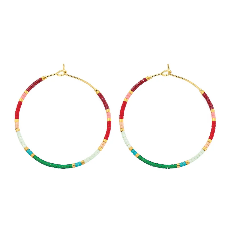 Flat knot earrings-Miyuki Delica Hoop Earrings Red Green Blush