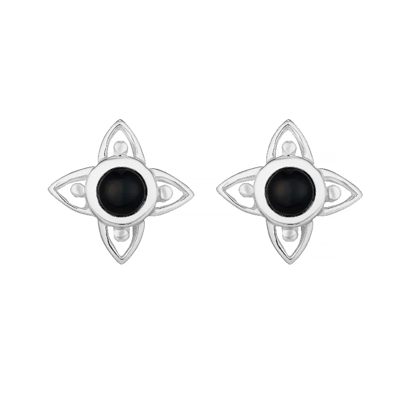 Thin hoop earrings-FLEUR - Sterling Silver & Onyx Studs