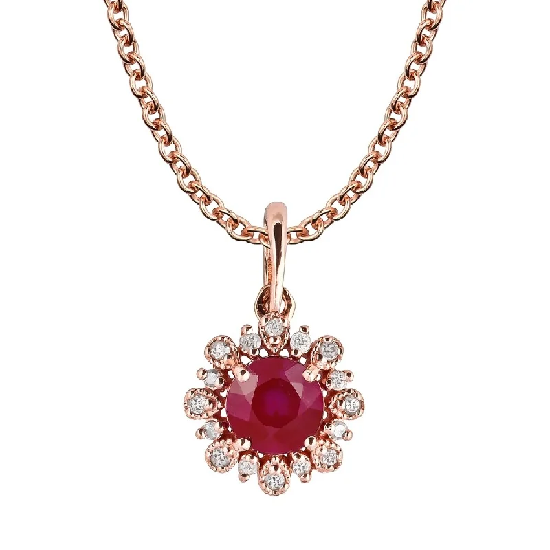 Stamped monogram necklaces-Viducci 10k Rose Gold Genuine Round Ruby and Diamond Vintage Style Halo Pendant Necklace