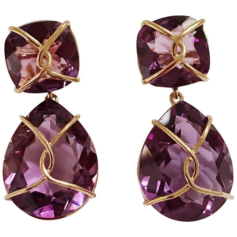 Subtle dangle earrings-Yellow Gold Wrapped Drop Earring with Purple Amethyst