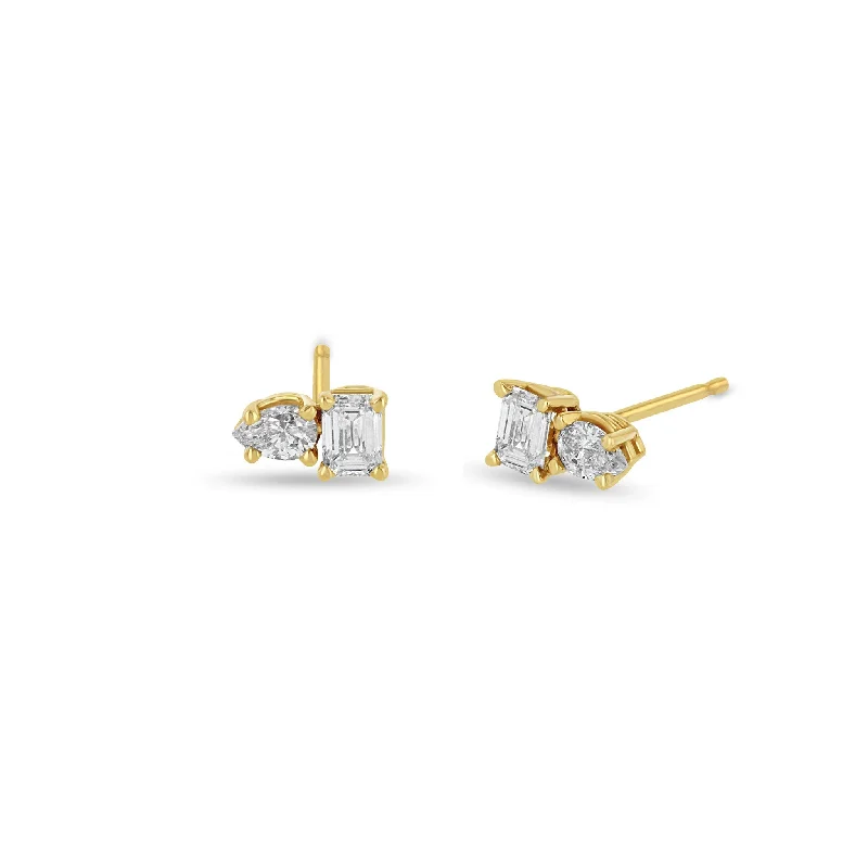 Onyx gem earrings-14k Prong Pear & Emerald Cut Diamond Studs